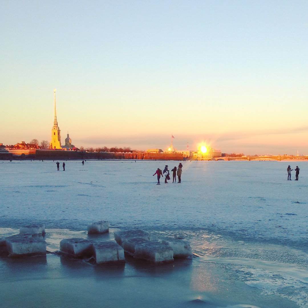 Walking on ice of Neva river in St.Petersburg